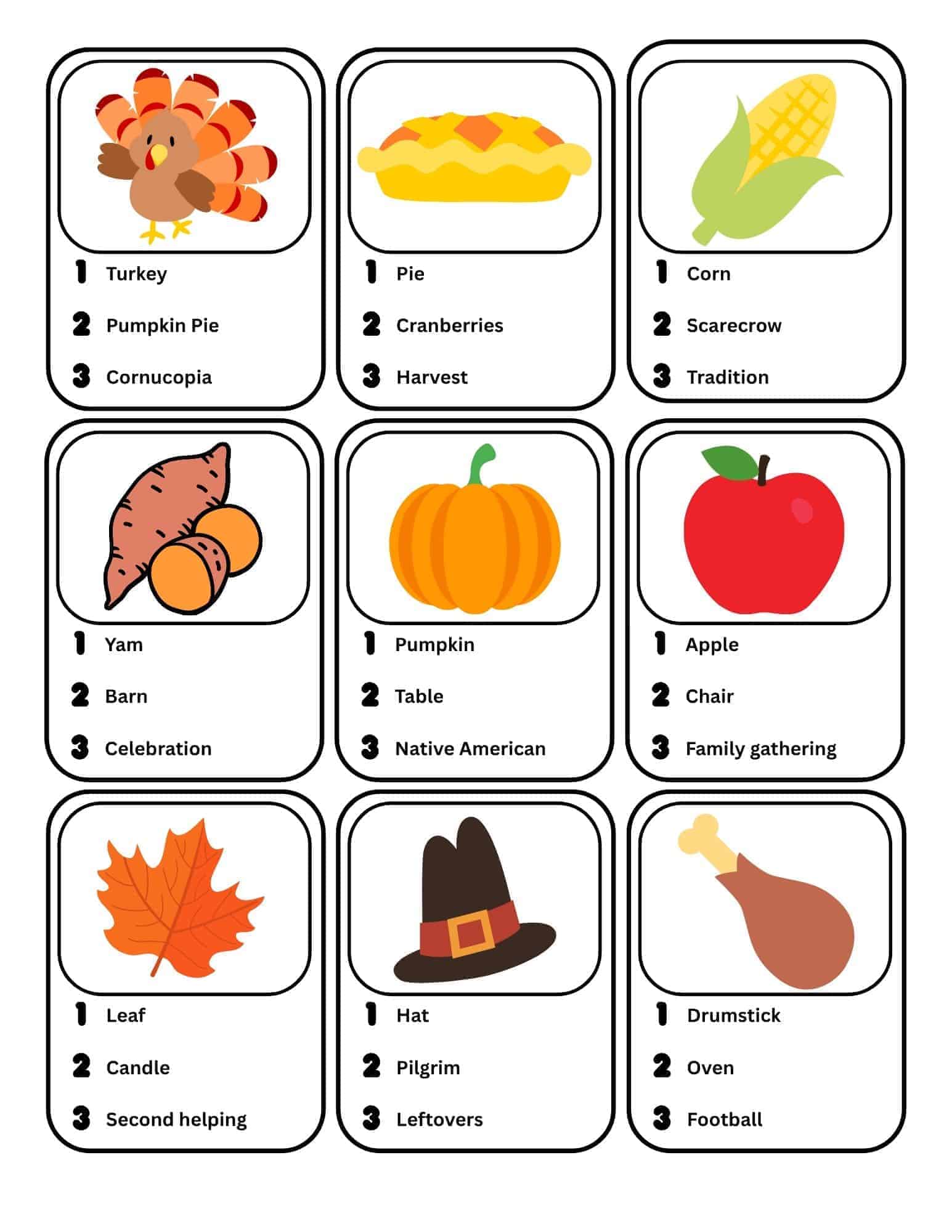 printable thanksgiving pictionary game for kids and adults